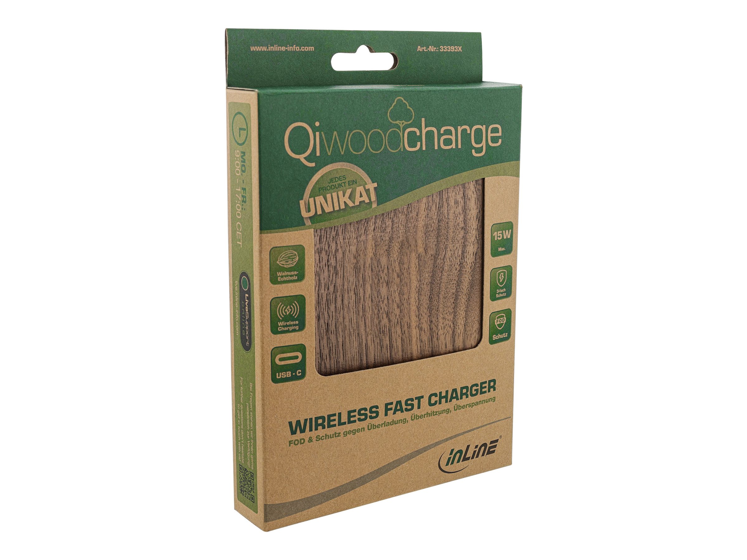 InLine Qi woodcharge Induktive Ladematte 15W USB-C Walnuss