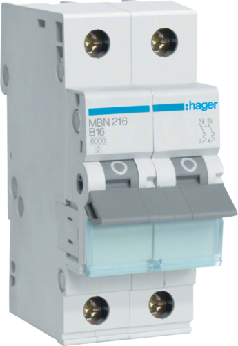 Hager MBN216. Anzahl der Pole: 2P. AC Eingangsfrequenz: 50/60 Hz, Nominale Stromabgabe: 16 A (MBN216)