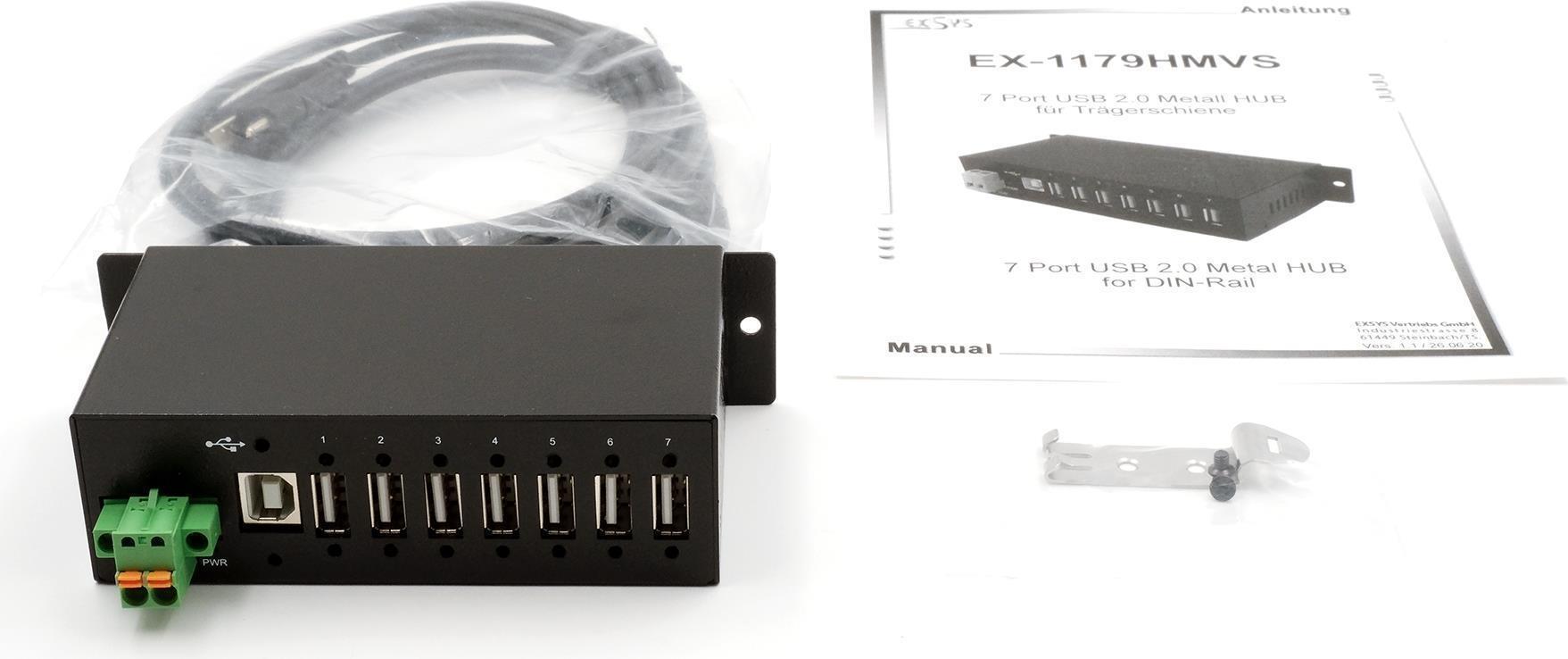Exsys EX-1179HMVS 7-Port USB 2.0 Hub Metallgehäuse DIN-Rail 480 Mbit/s Schwarz