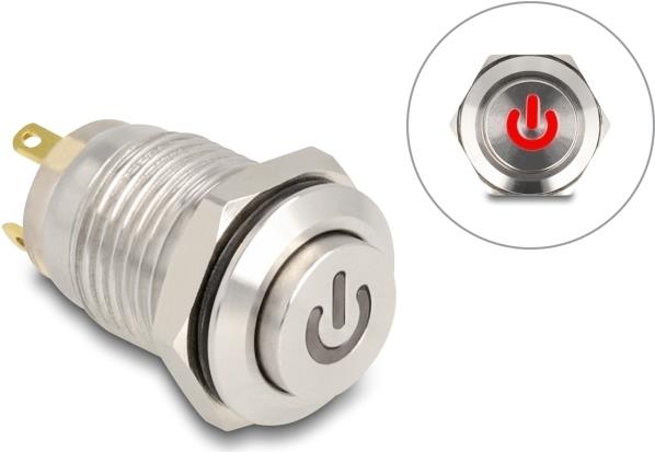 Delock Drucktaster zum Einbau 12 mm 4 x Lötanschluss LED rot Powersymbol (20981)