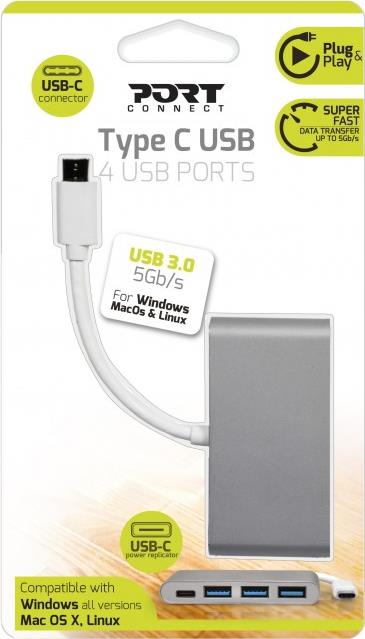PORT Connect 900122 USB-C Hub 3x USB 3.0 + 1x USB-C Silber, Weiß