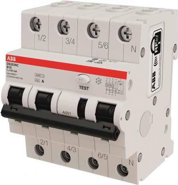 ABB FI/LS-Schalter DS203NCA-B16/0,03 DS203NCA-B16/0,03 6kA, 3P+N, Typ A, B 1 (2CSR256140R1165)