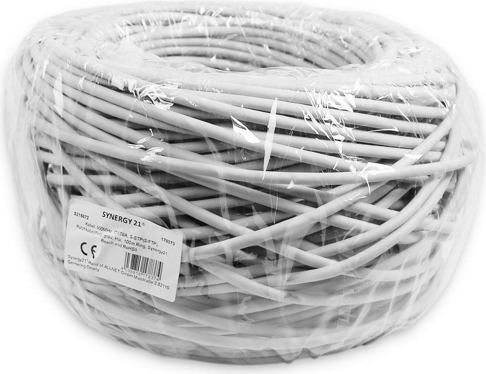 Synergy 21 S215672. Kabellänge: 100 m, Kabelstandard: Cat6a, Kabelschirmung: S/FTP (S-STP), Kabelfarbe: Grau (S215672)