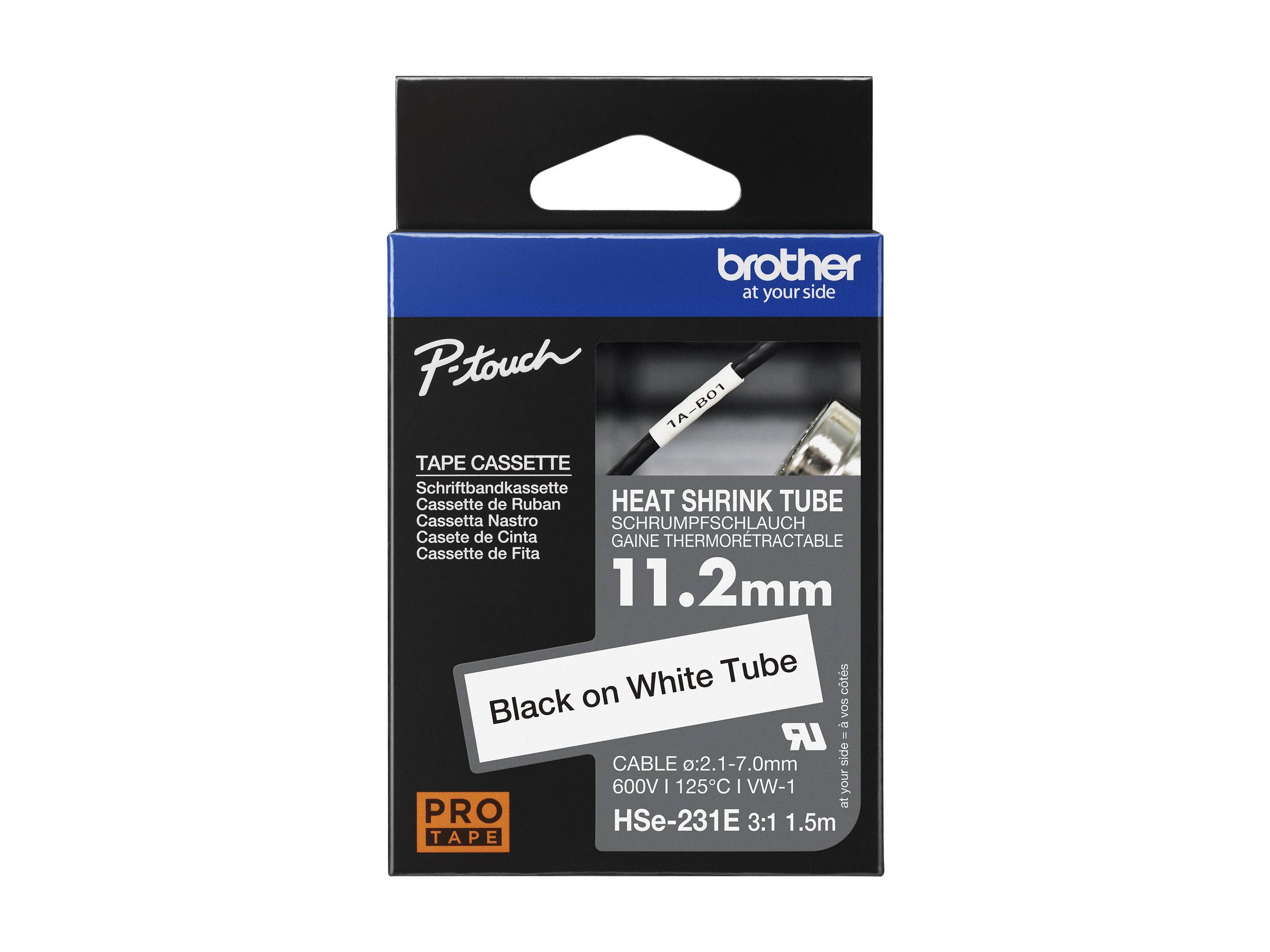 Brother HSe-231E Schrumpfschlauch 11,2 mm Schwarz auf Weiß