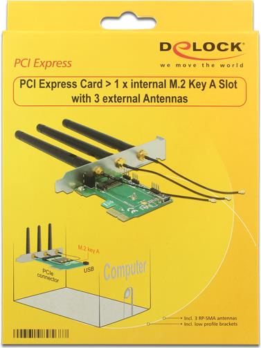 DeLOCK PCI Express Card > 1 x internal M.2 Key A Slot with 3 external Antennas - Interne Bus-Erweiterung (89568)