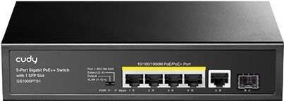 Cudy GS1005PTS1. Basic Switching RJ-45 Ethernet Ports-Typ: Gigabit Ethernet (10/100/1000), Anzahl der basisschaltenden RJ-45 Ethernet Ports: 5. Schalttyp optisches Modul: Gigabit Ethernet. Anzahl installierten SFP Module: 1. Vollduplex. MAC-Adressentabelle: 2000 Eintragungen, Routing-/Switching-Kapazität: 12 Gbit/s. Netzstandard: IEEE 802.3, IEEE 802.3ab, IEEE 802.3af, IEEE 802.3at, IEEE 802.3u, IEEE 802.3x, IEEE 802.3z. Netzstecker: AC-Eingangsbuchse. Power over Ethernet (PoE). Wandmontage, Rack-Einbau (GS1005PTS1)