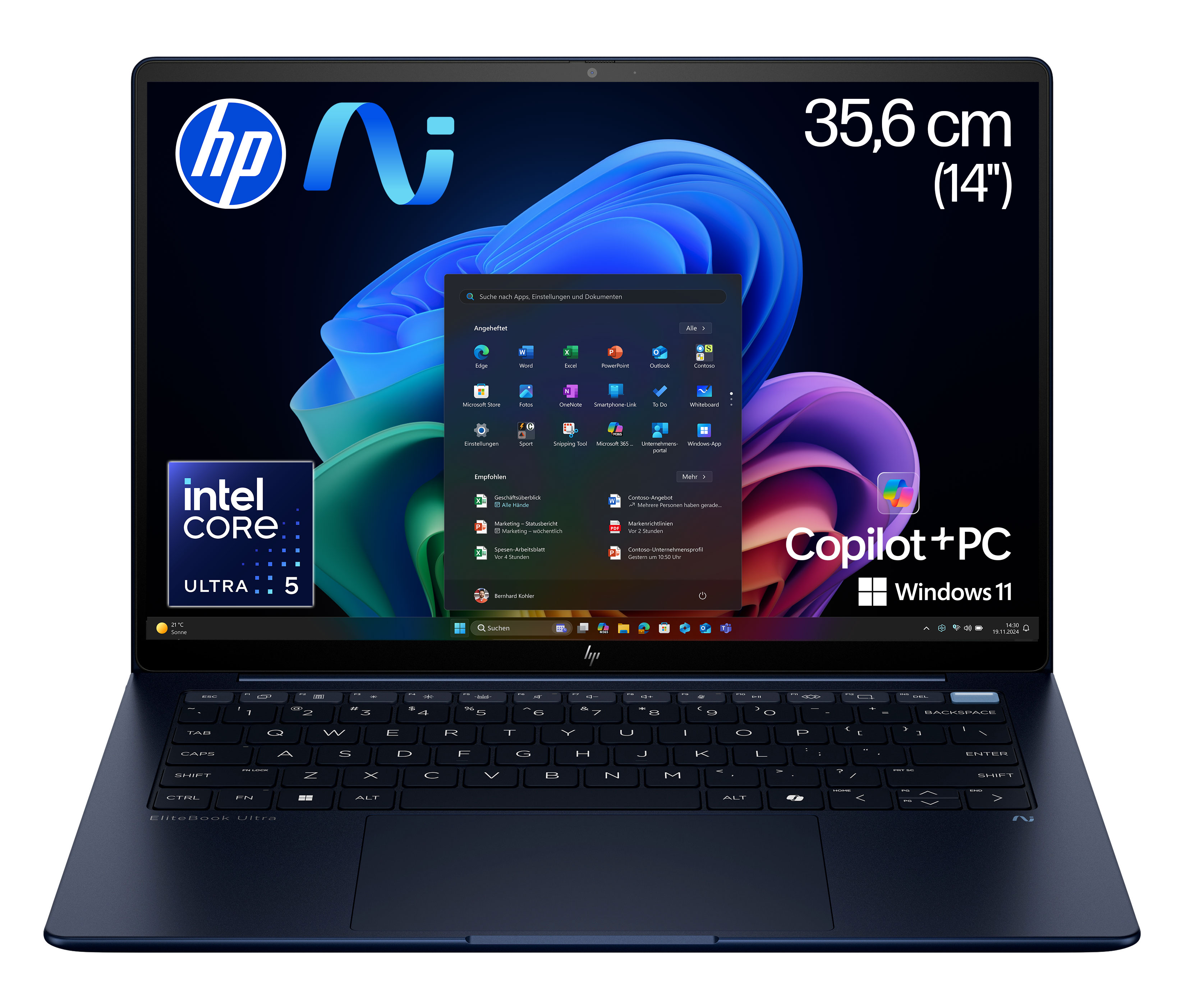 HP EliteBook Ultra G1i KI Laptop Intel Core Ultra 5 228V (14") Touchscreen 2.8K 32 GB LPDDR5x-SDRAM 512 GB SSD Windows 11 Pro Copilot+ PC Blau (B66TGAT#ABD)