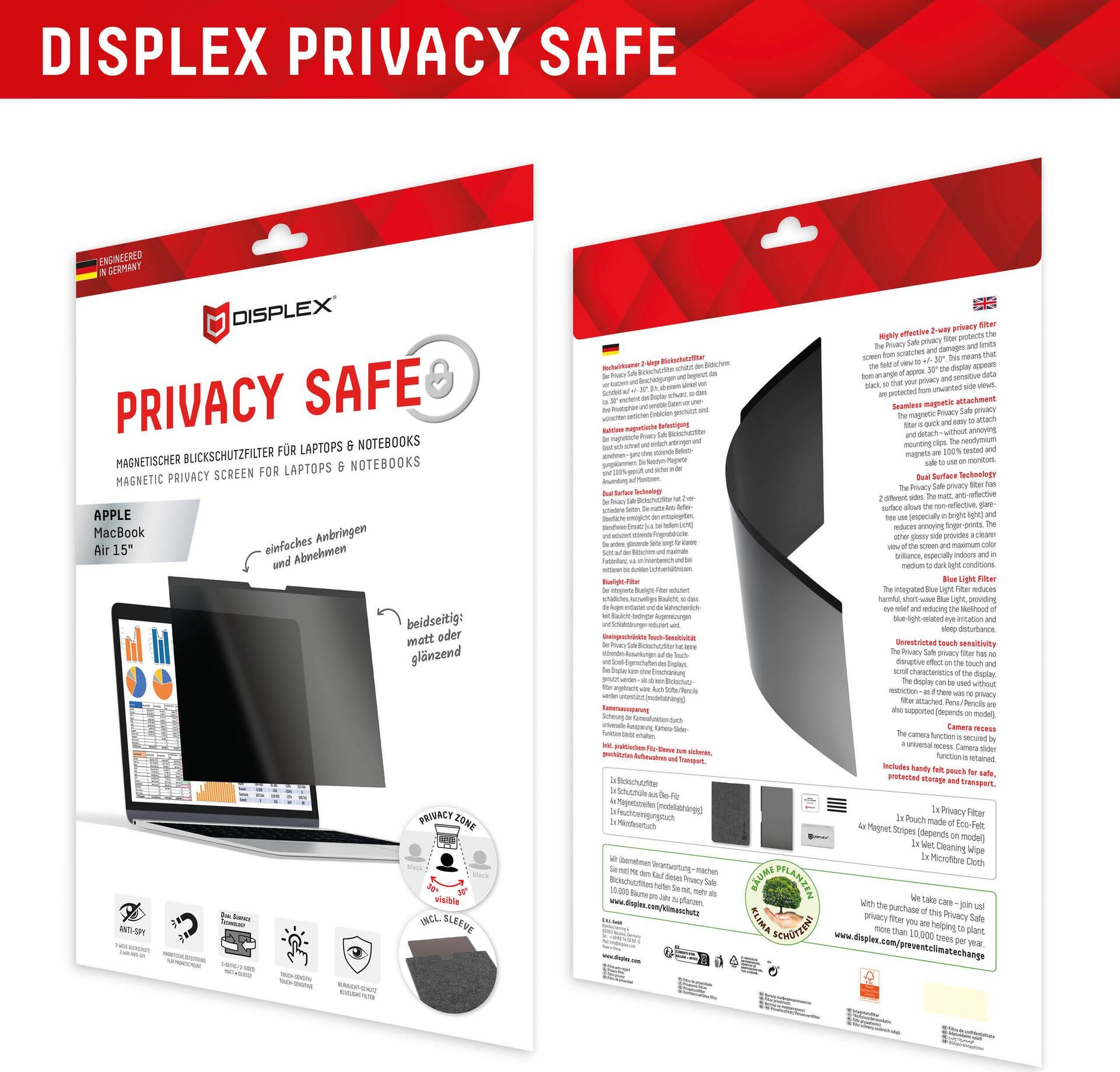 Displex PRIVACY SAFE Magnetischer 2-Wege Blickschutzfilter für MacBook Air 15" Schwarz, Transparent