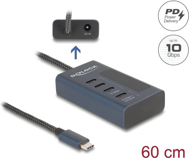 Delock USB 10 Gbps Hub mit 4 Type-C Ports davon 3 x Datenport+ 1 Daten und PD 20 (64189)