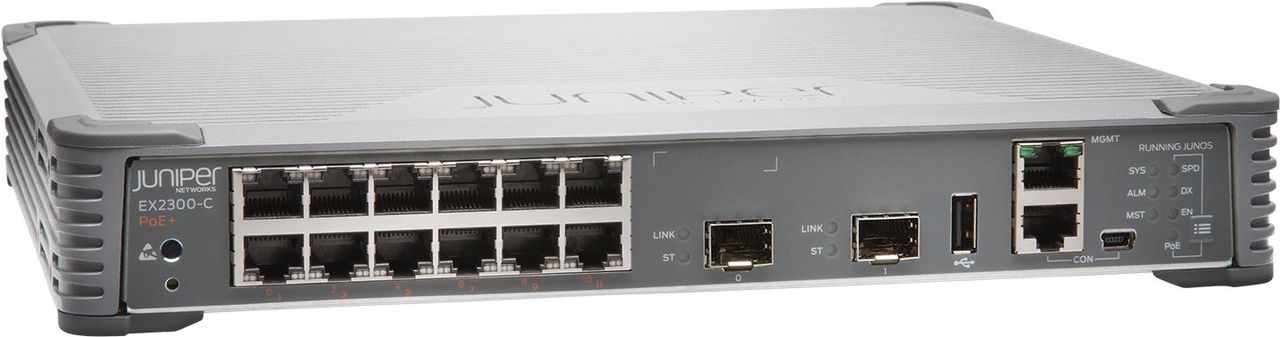 JUNIPER NETWORKS EX2300 Compact Fanless 12-port 10/100/1000BaseT PoE+ - 2 x 1/10G SFP/SFP+ (EX2300-C-12P)