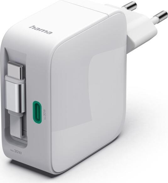 Hama Schnellladegerät, GaN, 2x USB-C, ausziehbares Ladekabel, PD, 30 W, Weiß (00201956)