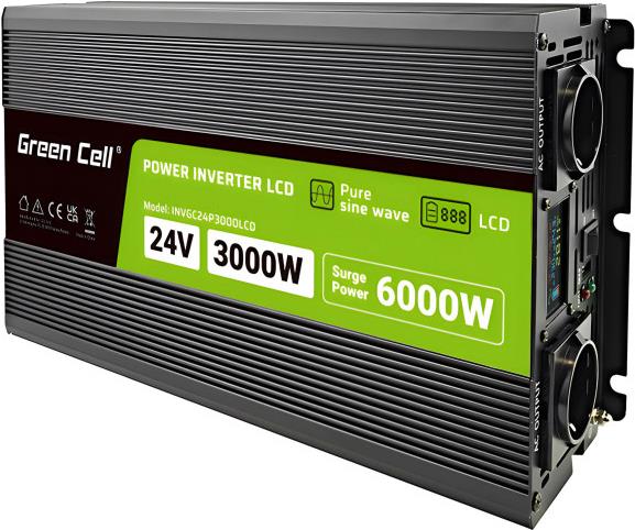 Green Cell Przetwornica napicia PowerInverter LCD 24 V 3000W/60000W Przetwornica samochodowa z wywietlaczem - czysty sinus Netzteil & Spannungsumwandler Auto Schwarz (INVGC24P3000LCD)