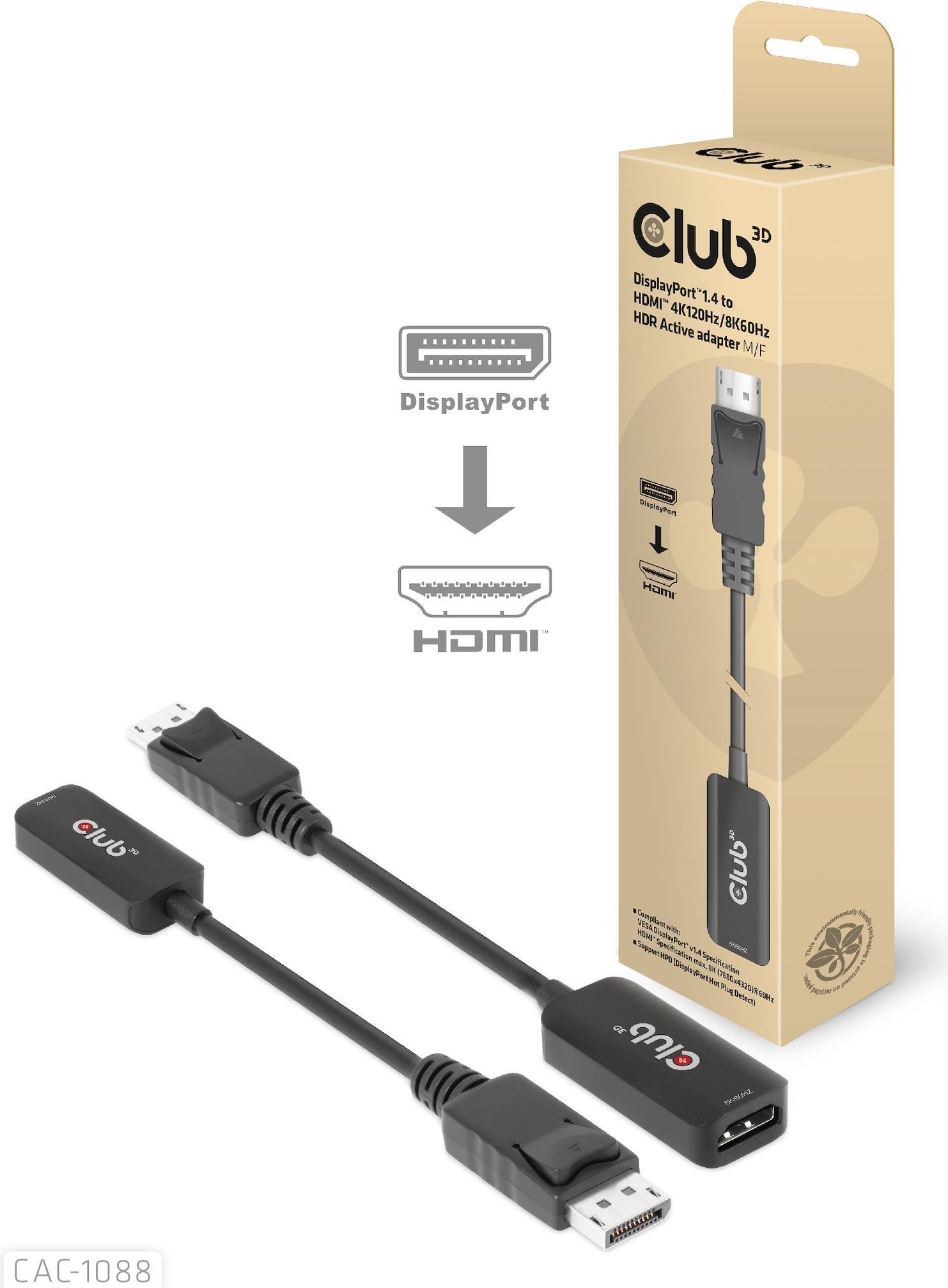CLUB3D Adapter DisplayPort 1.4 > HDMI HDR 8K60 Hz aktiv retail