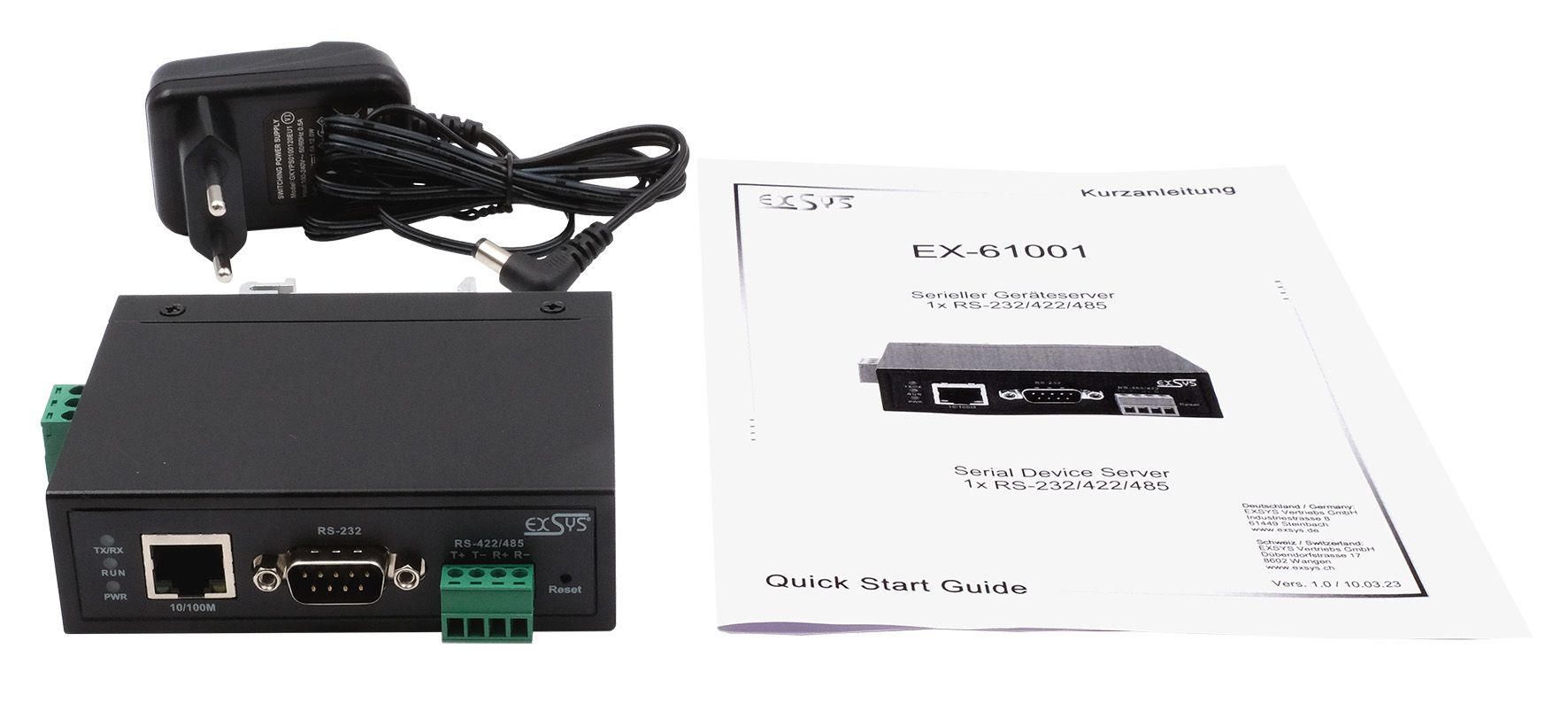 EXSYS Serial Device Server EX-61001 1x RS-232/422/485 mit Netzadapter Schwarz