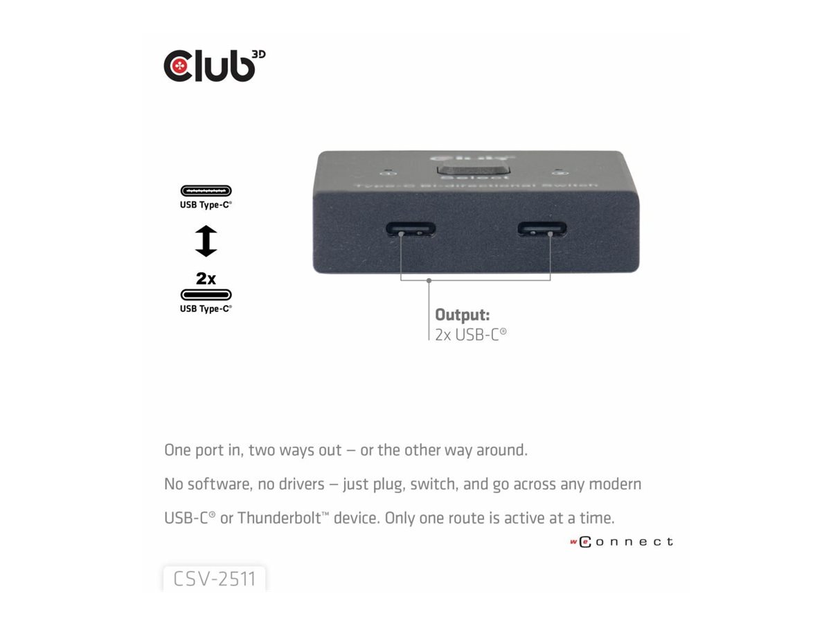 Club 3D CSV-2511 USB-C Bidirektionaler Video + Daten + PD Switch 8K 60 Hz Schwarz