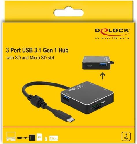 Delock 3 Port USB 3.1 Gen 1 Hub with USB Type-C Connection and SD + Micro SD Slot (64045)