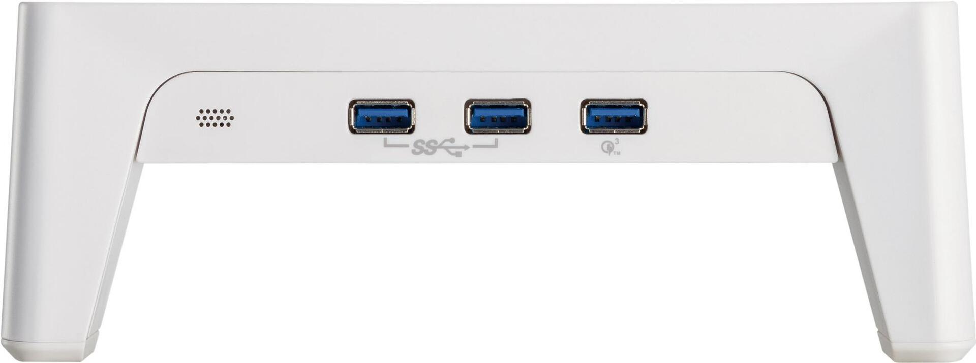InLine Monitor Podest+ Monitorständer mit 2x USB 3.2 Gen1 und QC3, 80 mm, max. 15 kg, Braun/Weiß