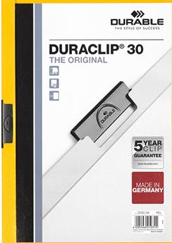 DURABLE Klemmhefter DURACLIP ORIGINAL 30, DIN A4, gelb transparenter Vorderdeckel, mit Metallklemme (2200-04)
