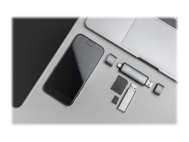 Digitus Dual Card Reader Hub DA-70886, USB-C / USB 3.0, OTG, Grau