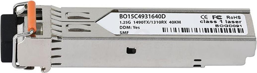 BlueOptics SFP-BXD43-40KM-EN-BO. SFP Transceiver-Typ: Faseroptik, Maximale Datenübertragungsrate: 1250 Mbit/s, Schnittstelle: SFP. Gehäusematerial: Metall. Gewicht: 200 g. Anzahl enthaltener Produkte: 1 Stück(e), Paketgewicht: 300 g (SFP-BXD43-40KM-EN-BO)