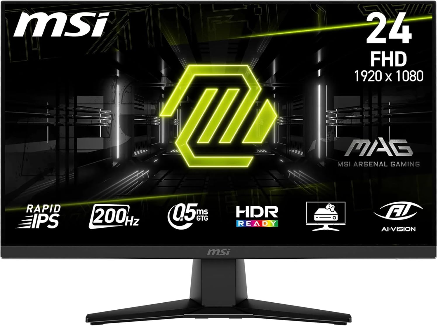 MSI MAG 242F Gaming Monitor 24 Zoll FHD - Rapid IPS Panel 1920x1080, 200Hz / 0,5ms, HDR Ready, AMD FreeSync Premium, HDMI 2.0b, DP 1.2a, Randloses Design, neigbar, VESA-kompatibel, Schwarz (9S6-3BC51T-001)