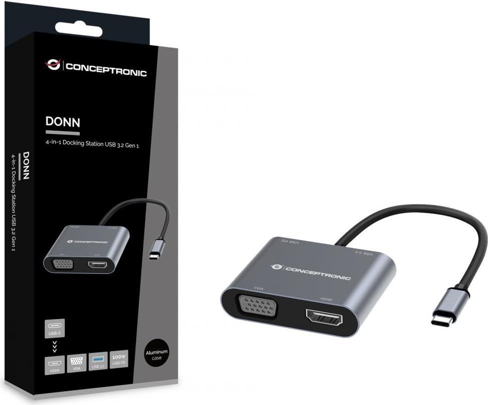 Conceptronic DONN16G USB-C Dockingstation HDMI VGA Power Delivery 100 W Grau
