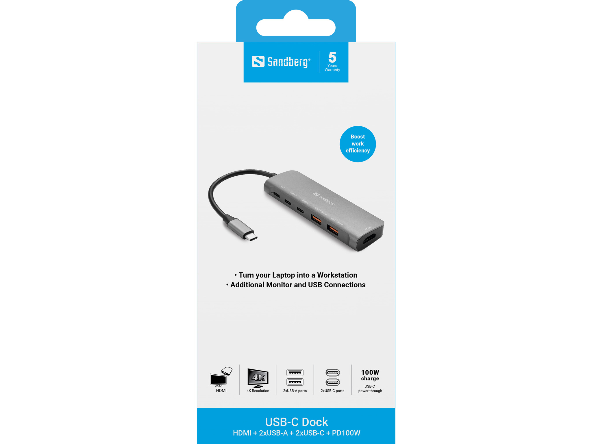 Sandberg USB-C Dockingstation HDMI 2xUSB-A 2xUSB-C PD100W Aluminium