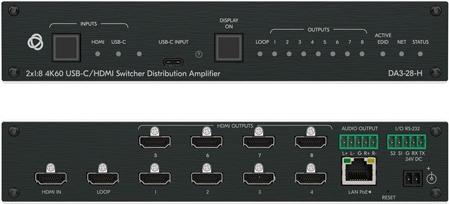 Kramer Electronics DA3-28-H - 2x1 8 4K60 USB-C/HDMI Switcher Distribution Amp. (10-00002890)