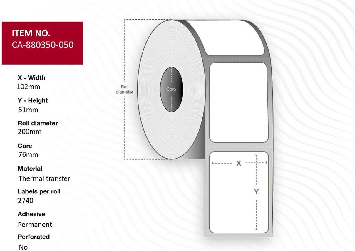 Capture Label 102 x 51mm, Core 76mm, Permanent, No perforation, 2740 labels per roll, 4 rolls per box. (CA-880350-050)