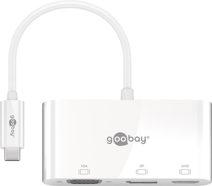 Goobay USB-C™ Multiport-Adapter VGA+DP+HDMI™, 1 Stk. im Polybeutel, Weiß, 0.14 m - erweitert ein USB-C™-Gerät um einen HDMI™-, einen DisplayPort und einen VGA-Anschluss (52412)