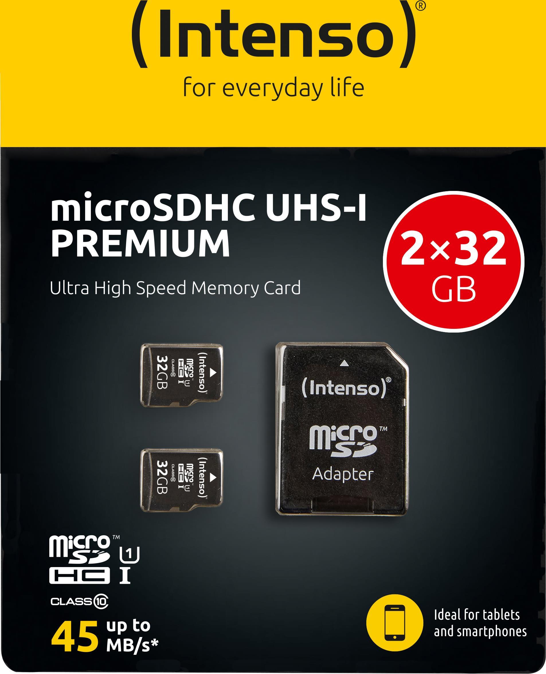 Intenso Doppelpack microSDHC 32GB UHS-I Premium inkl. SD-Adapter - High Capacity SD (MicroSDHC) Speicherkarte Klasse 10 (3423482)
