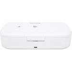 Manhattan UV Phone Sanitizer with Wireless Charger (Clearance Pricing), 10 W Wireless Charging Pad, Integrated UV LEDs to eliminate germs, viruses and bacteria, Quick 1-minute or 5-minute cleaning cycle, Auto-off UV light when opened, White, 3 Year Warranty (180283)