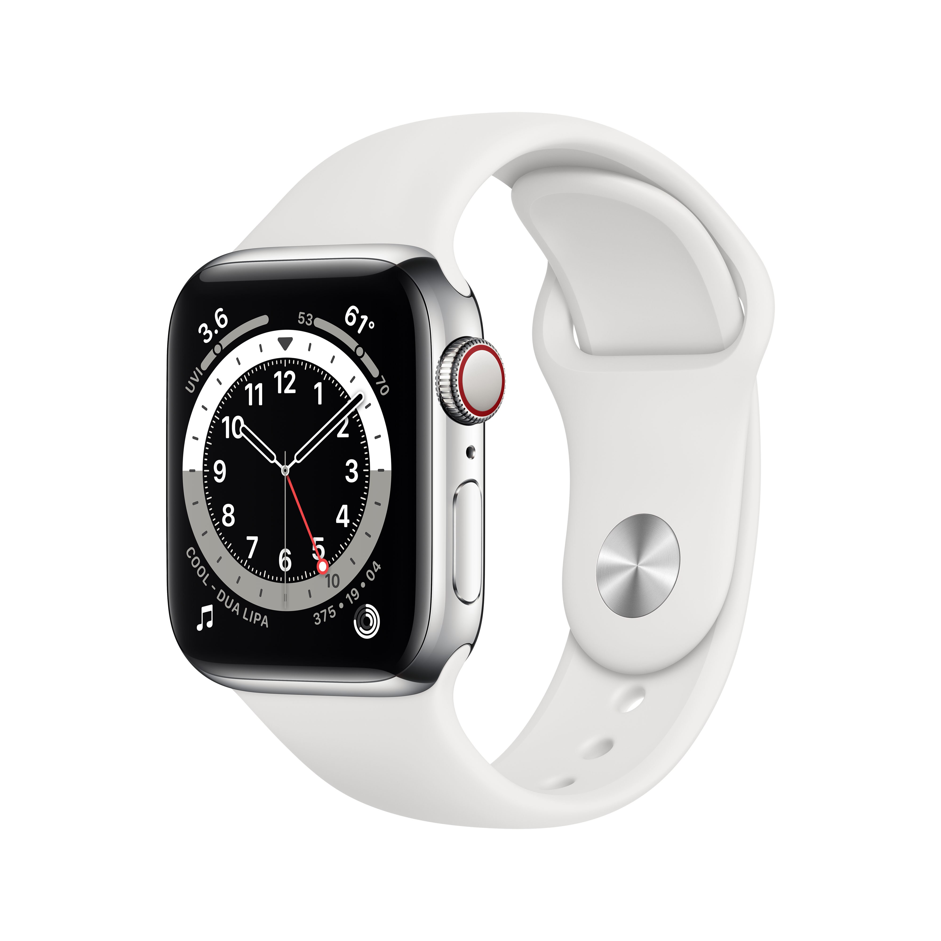 Apple Watch Series 6 (GPS + Cellular) - 40 mm - Silver Edelstahl - intelligente Uhr mit Sportband - Flouroelastomer - weiß - Bandgröße 130-200 mm - S/M/L - 32GB - Wi-Fi, Bluetooth - 4G - 39,7 g (M06T3FD/A)