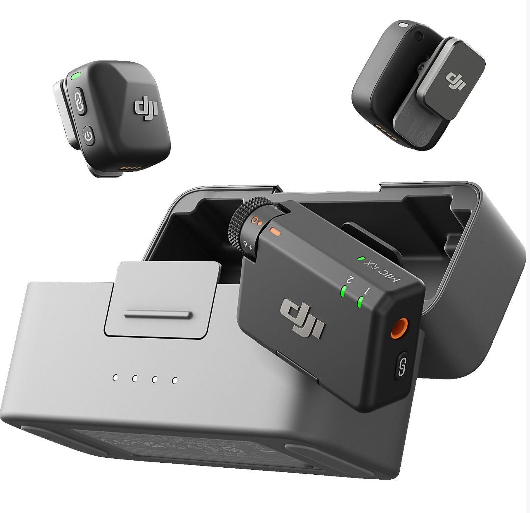 DJI Mic Mini Kabelloses Mikrofon-System (2 Sender, 1 Empfänger, Ladeschale) 10 g ultraleicht 400 m Reichweite
