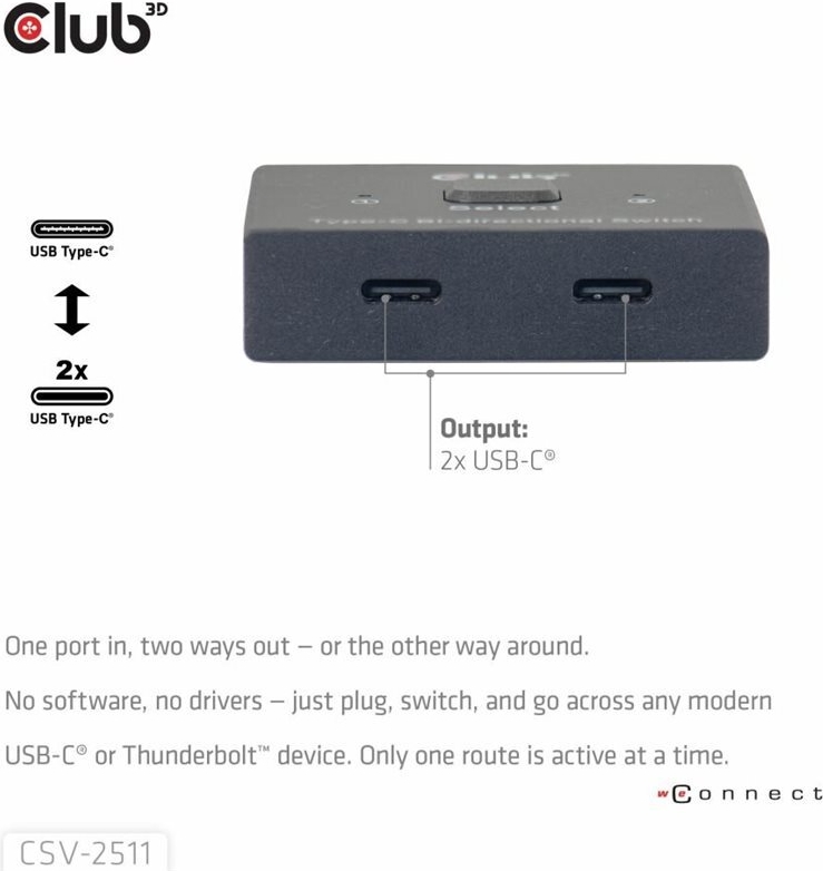 Club 3D USB-C Bi-Directional Video+ Data+ PD Switch (CSV-2511)