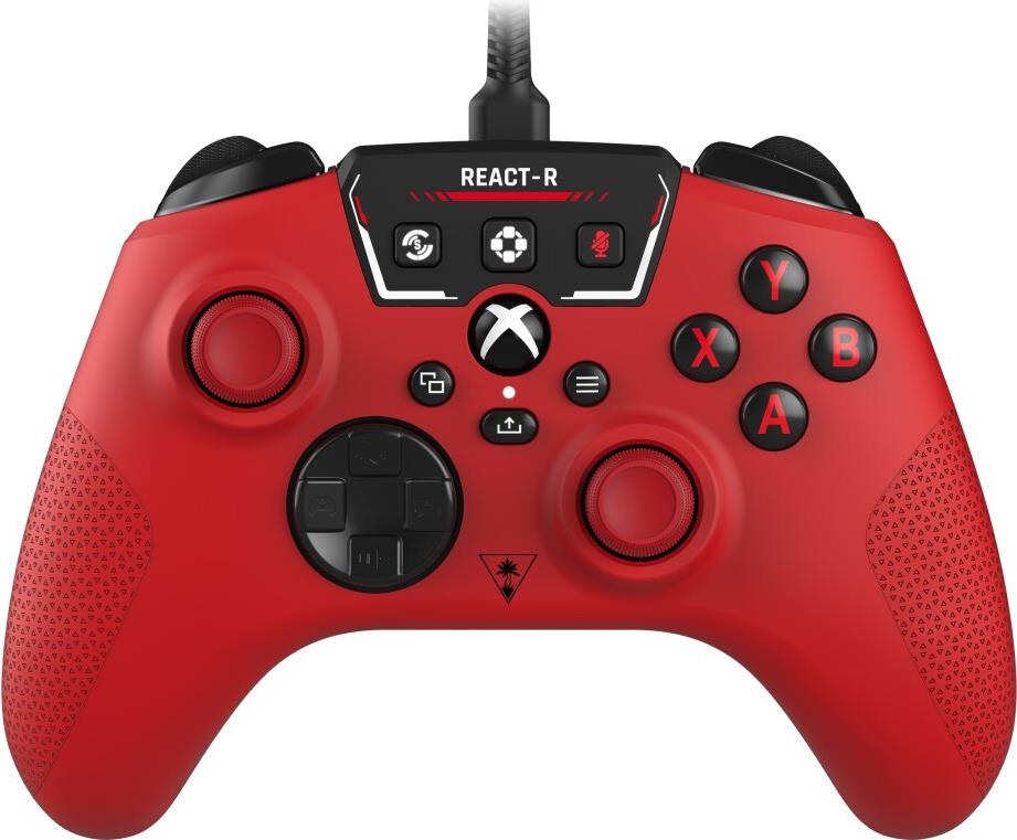 Turtle Beach React-R. Gerätetyp: Gamepad, Gamingplattformen unterstützt: PC, Xbox One, Xbox Series S, Xbox Series X, Gaming-Control Funktionsknöpfe: D-Pad, Menü-Taste, Schaltfläche Teilen, View button. Übertragungstechnik: Kabelgebunden, Geräteschnittstelle: USB, USB-Stecker: USB Typ-A, USB Typ-C. Produktfarbe: Rot, Kabellänge: 2,5 m. Energiequelle: Kabel. Breite: 155 mm, Tiefe: 110 mm, Höhe: 63 mm (00221529)