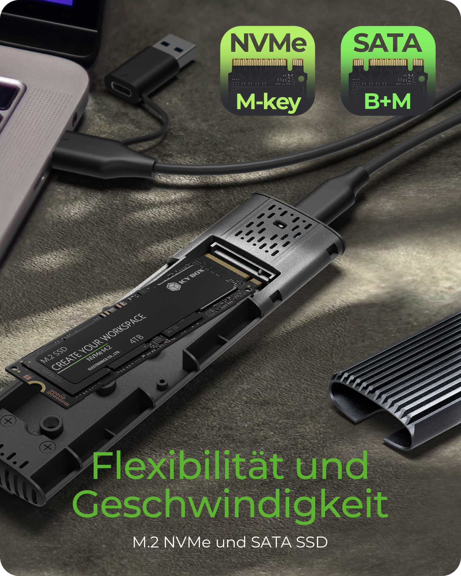 ICY BOX IB-1808MCT-CU31 M.2 NVMe & SATA SSD-Gehäuse, USB 3.1 Gen 2 Type-C/A, Werkzeuglos, Schwarz