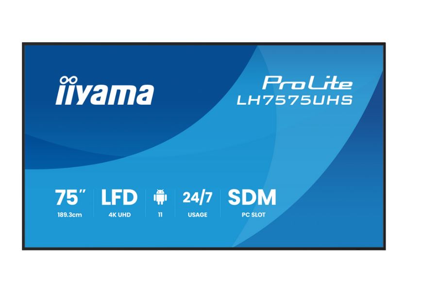 iiyama 75" 3840x2160, UHD IPS panel, Haze 25%, 500cd/m², Landscape and Portrait, Signal FailOver, Speakers 2x 10W, HDMI 3x, DisplayPort, DP-out (MST/HDMI/Mirror/Tiling), USB 2.0 x2, WiFi, LAN, Media Play USB Port, Control LAN / RS232C, iiSignage2 (CMS/DMS), iiSh [Energieklasse G] (LH7575UHS-B2AG)