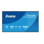 iiyama 75" 3840x2160, UHD IPS panel, Haze 25%, 500cd/m², Landscape and Portrait, Signal FailOver, Speakers 2x 10W, HDMI 3x, DisplayPort, DP-out (MST/HDMI/Mirror/Tiling), USB 2.0 x2, WiFi, LAN, Media Play USB Port, Control LAN / RS232C, iiSignage2 (CMS/DMS), iiSh [Energieklasse G] (LH7575UHS-B2AG)