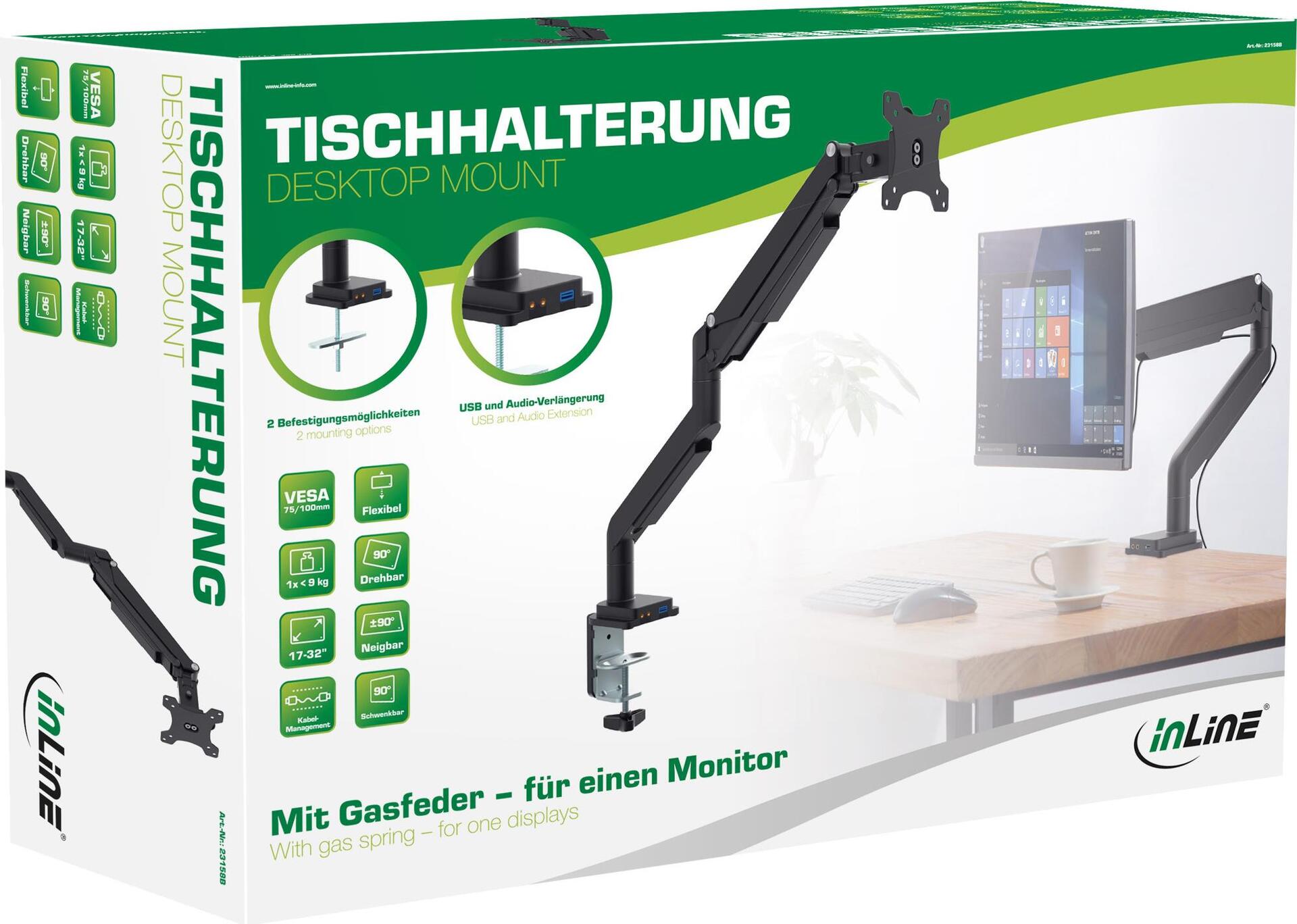 InLine Tischhalterung mit Lifter und USB/Audio für Monitore 17"-32" max. 9 kg Schwarz