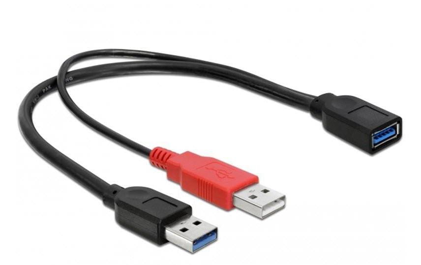 Delock USB 3.0 Y-Kabel 2x USB-A Stecker zu USB-A Buchse 30 cm Schwarz/Rot