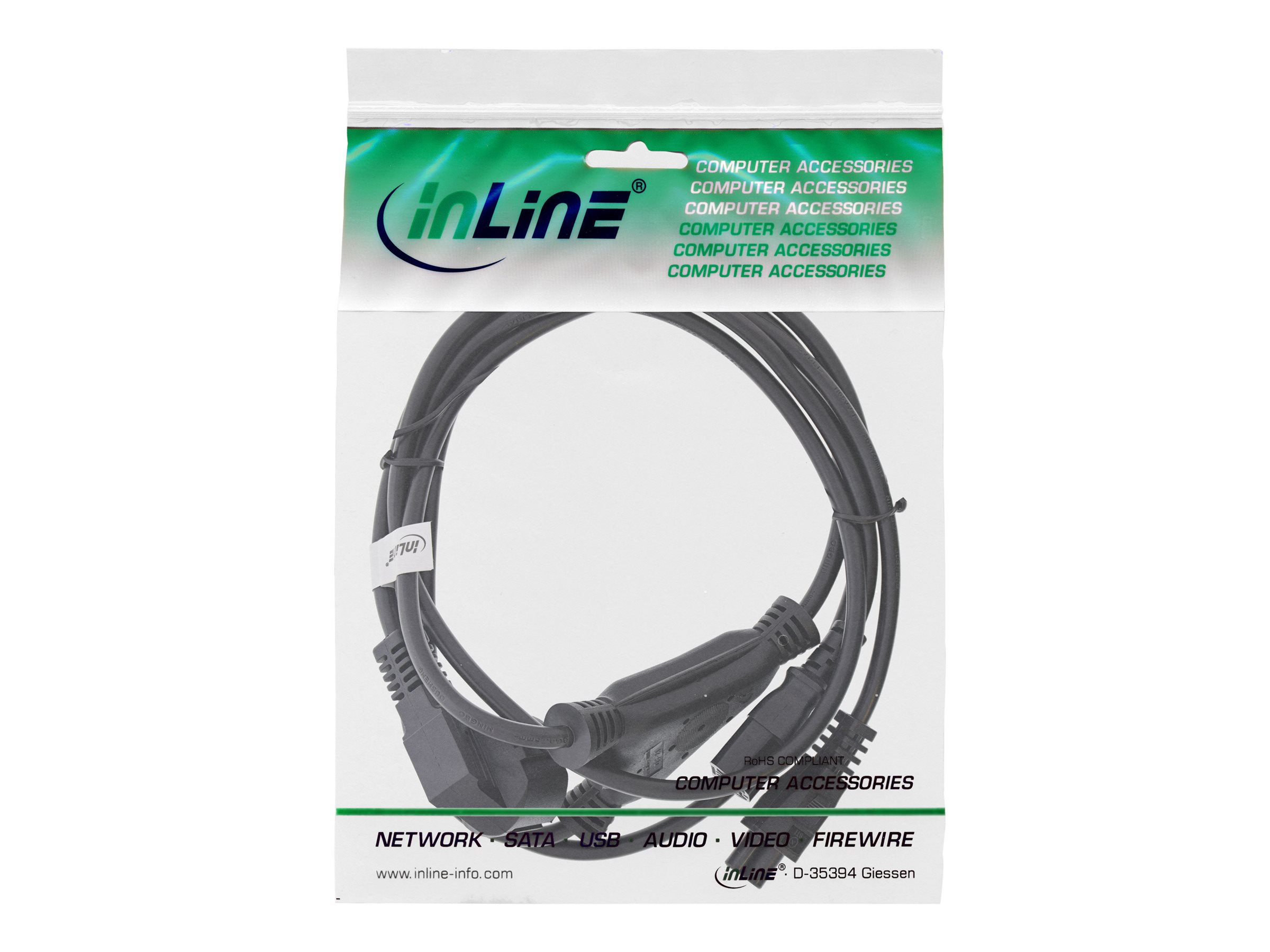 InLine Netz-Y-Kabel, CEE 7/7 auf IEC C13 und C5, 90° gewinkelt, 2 m, Schwarz