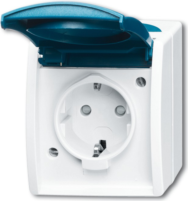 Busch-Jaeger 2083-0-0842. Buchsen-Typ: CEE 7/3, Anzahl der Pole: 2P+E. Produktfarbe: Blau, Weiß, Internationale Schutzart (IP-Code): IP44. Eingangsspannung: 250 V, Stromstärke (maximal): 16 A. Breite: 74 mm, Tiefe: 55 mm, Höhe: 83 mm (2083-0-0842)