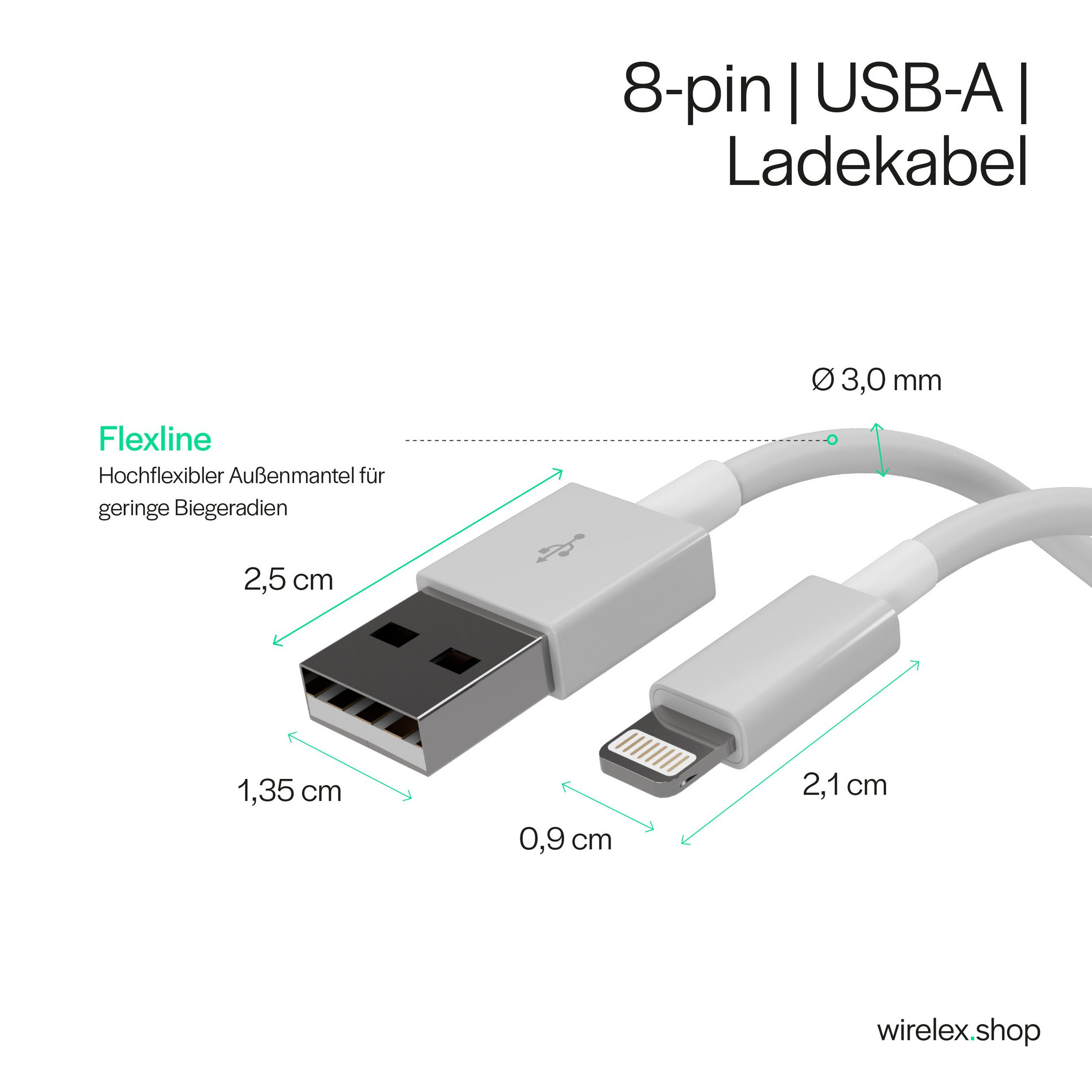 Flexline USB-A auf Lightning Lade- und Sync-Kabel, ABS, 2 m, Weiß