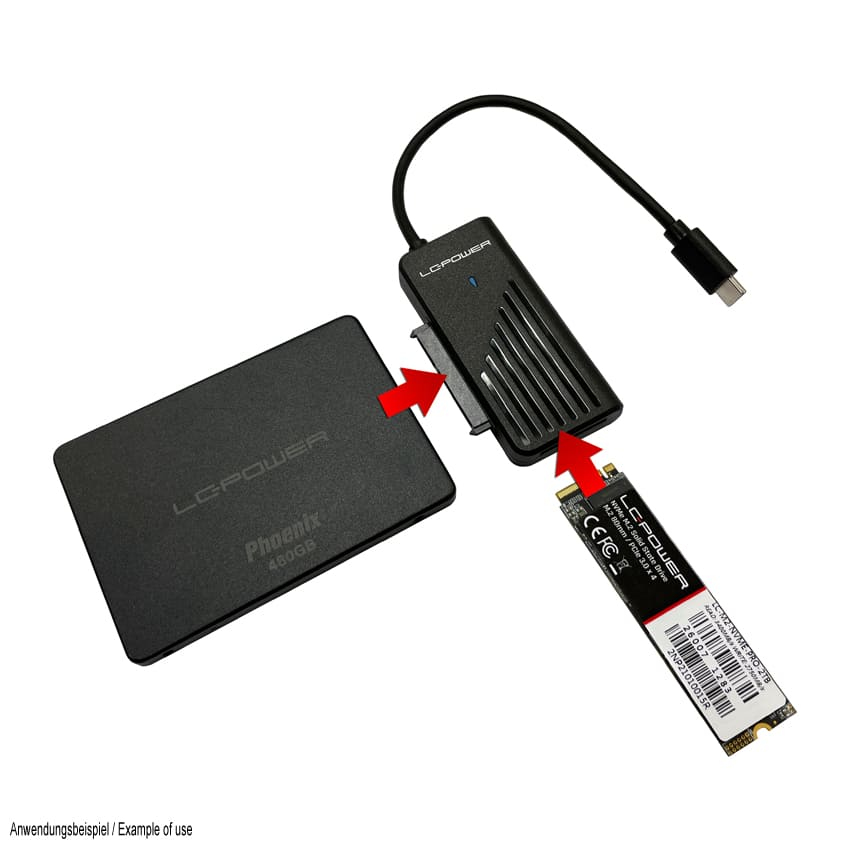 LC-Power LC-ADA-USB-SATA-NVME USB-C Adapter für NVMe M.2 SSD & 2,5"/3,5" SATA Schwarz