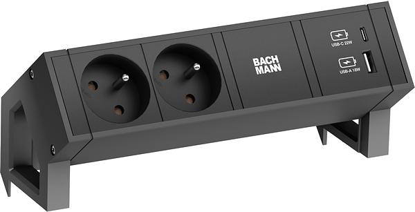 Bachmann DESK2 Steckdosenleiste Farbe schwarz, ähnlich RAL9005 mit erhöhtem Berührungsschutz 2xUTE 35° Steckdosen, schwarz 1xUSB A&C 22W Charger Zuleitung 0,2m H05VV-F3G1,5mm² schwarz mit GST18i3 Stecker inkl. Haltewinkel Logo verpackt im Karton (902.980)