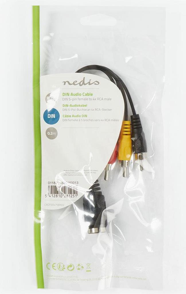 NEDIS DIN-Audio-Kabel | DIN 5-Pin Buchse | 4x RCA Stecker | Vernickelt | 0.20 m | rund | PVC | Schwa