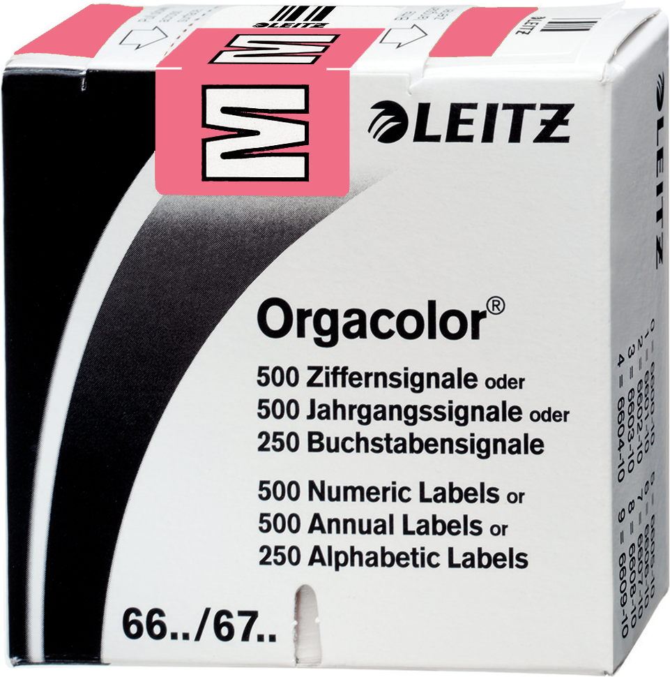 LEITZ Buchstabensignal Orgacolor \"M\", auf Rolle, rosa Maße: (B)30 x (H)23 mm, auf Trägerbandrolle, s