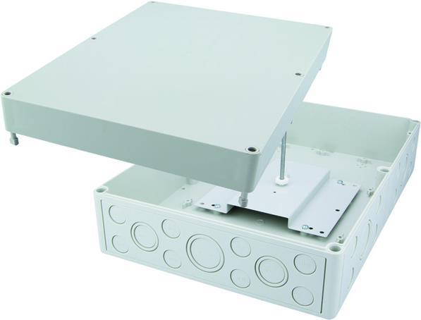 Telegärtner LWL Spleißbox IP66 S-V Gehäuse mit Vorprägungen mit Aufnahme für bis zu 5 Spleißkassetten oder 3 Spleißkassetten und 1 Verteilerplatte, 254 x 180 x 90 mm; Wandbefestigung: 239 x 165 mm, 4x Ø4,5 (H02050A0229)