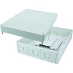 Telegärtner LWL Spleißbox IP66 S-V Gehäuse mit Vorprägungen mit Aufnahme für bis zu 5 Spleißkassetten oder 3 Spleißkassetten und 1 Verteilerplatte, 254 x 180 x 90 mm; Wandbefestigung: 239 x 165 mm, 4x Ø4,5 (H02050A0229)